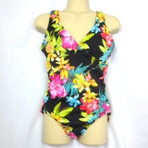NEW Islander Swimsuit Black Colorful Tropical Print Cross Front One Piece Size 8